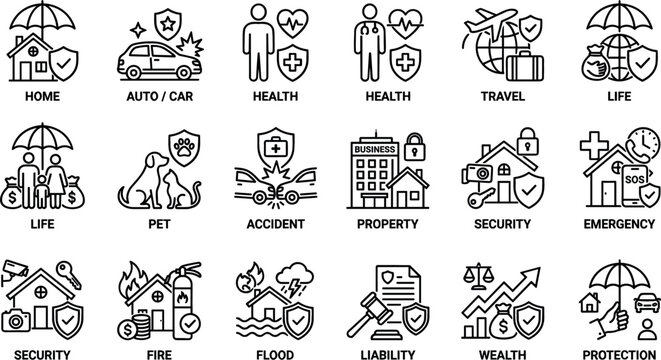 Risk assessment and asset protection vector icon collection showcasing personal liability emergency response home safety security and disaster mitigation symbols (21 words)