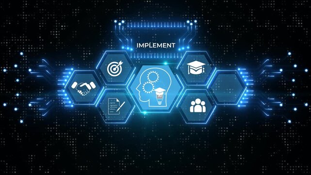 Business Concept: Close-up the Implement button on the keyboard and have Azure, neon text animated on transparent background.