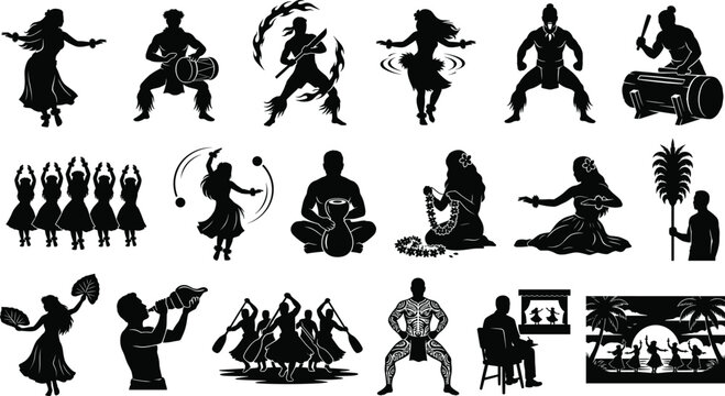 Polynesian and Hawaiian culture silhouette icons set including hula dancers musicians fire knife performance and traditional elements