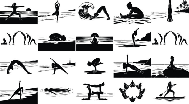Silhouette collection of a woman practicing various yoga poses, meditation, and fitness exercises on a scenic beach at sunset