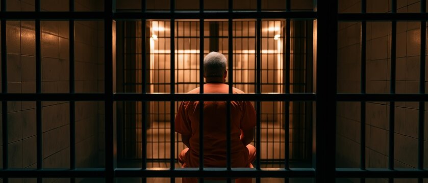 A solitary inmate in an orange prison uniform sits behind metal bars inside a correctional facility. symbolizes incarceration, criminal justice, punishment, confinement