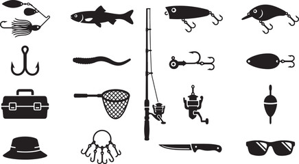 Fishing Tackle and Gear Icons Set – Lures, Rod, Hooks, Reel and Accessories Silhouettes   © Open Expression