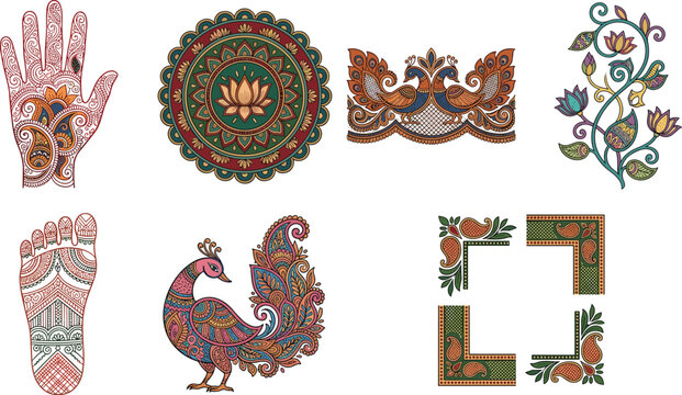 Traditional Indian Mehndi and Henna Vector Design Elements Featuring Mandala, Peacock, Lotus, Paisley Borders, Hand and Foot Motifs
