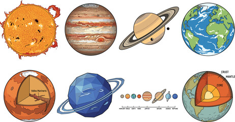 Vector space illustration set featuring the Sun, planets like Jupiter, Saturn, and Earth, alongside planetary cross-sections and astronomical diagrams © Ananya