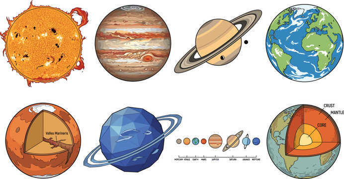 Vector space illustration set featuring the Sun, planets like Jupiter, Saturn, and Earth, alongside planetary cross-sections and astronomical diagrams