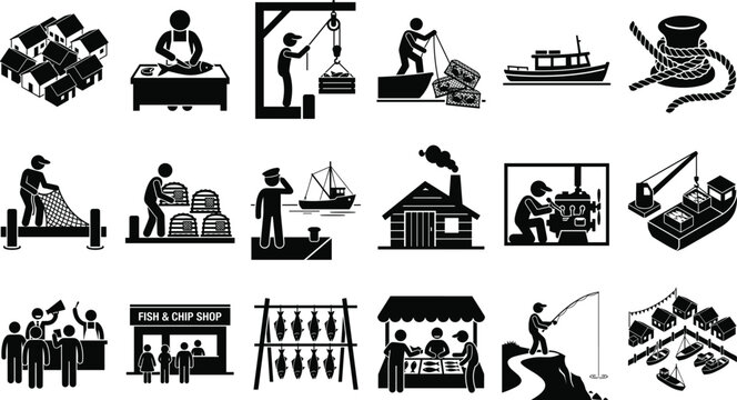 Vector stick figures illustrating the commercial fishing industry, seafood processing, maritime trade, and coastal village life icons set