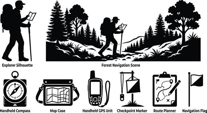 Orienteering and forest navigation silhouette set with explorer hiking in woods compass GPS and map icon vector illustration in image_d1d3a3.png
