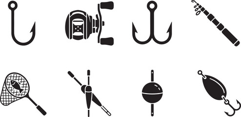 Fishing Icons Set – Hooks, Reel, Rod, Floats and Lures Silhouette Vector Collection   © Open Expression