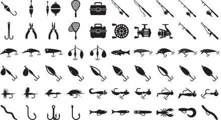 Fishing Tackle Mega Icon Set – Rods, Reels, Lures, Hooks and Accessories Silhouette Vector Collection © Open Expression