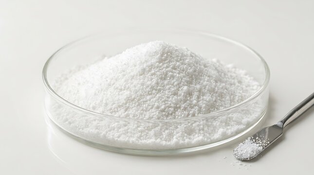 A pile of white powder in a glass petri dish with a metal spatula for scientific or medical research. allantoin
