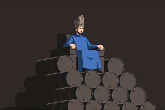 Powerful monarch sitting on a throne atop a large pyramid of oil barrels, symbolizing economic power and oil wealth.
