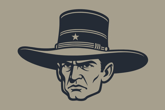 Stern face of a wild west sheriff wearing a wide brimmed hat with a star badge, shown in a clean vector illustration.