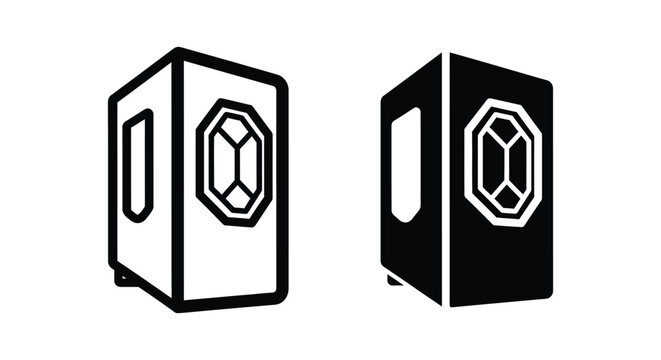 Vector icon of a tower computer case with a gemstone logo on the side panel, gaming pc chassis design, minimalist line art and solid black silhouette style
