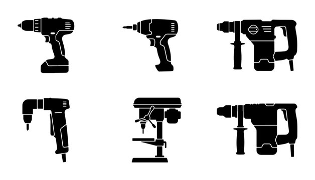 Power Tool Icons: Cordless Drills, Rotary Hammers, Drill Press, Black Silhouettes