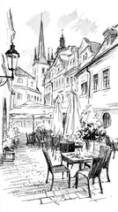 Fototapeta premium Cozy european cafe outdoor, Christmas Prague city, ink draw