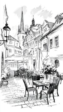 Cozy european cafe outdoor, Christmas Prague city, ink draw