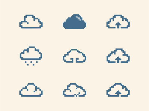 Retro Pixel Art Cloud Computing and Weather Icons Set Vector