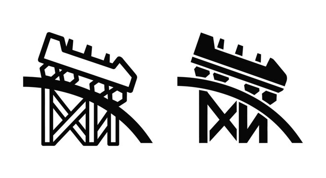 Roller coaster icon set, vector illustration of amusement park ride, side view of a train on tracks with wooden support structure, flat design style for web and mobile app