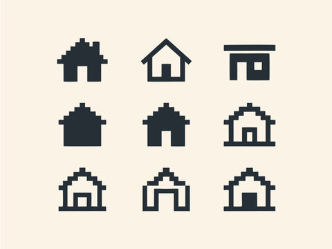 Retro Pixel Art House and Home UI Button Icons Set Vector