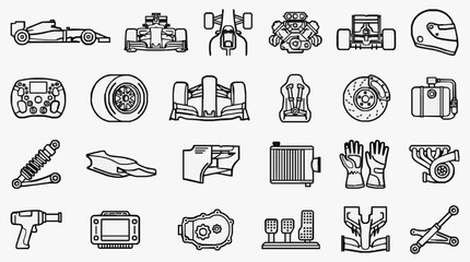 Naklejka premium Corporate Racing and Automotive Maintenance Equipment and Components Icon Collection for Branding and Marketing