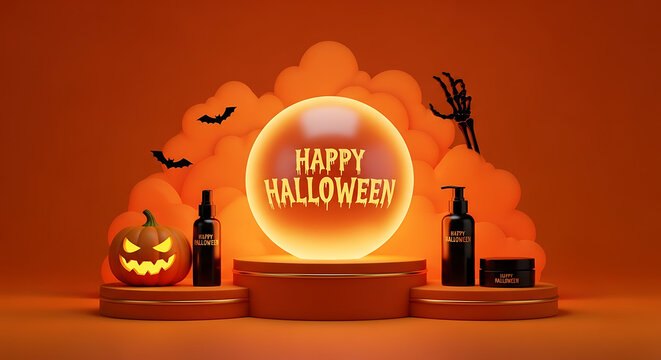Happy halloween 3d illustration with pumpkin and bats