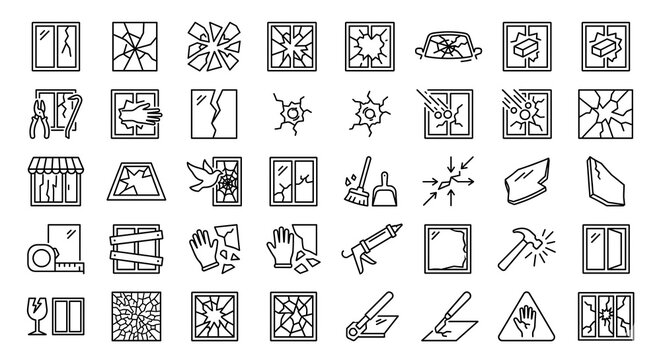 Set of broken glass and window repair line icons isolated on white background