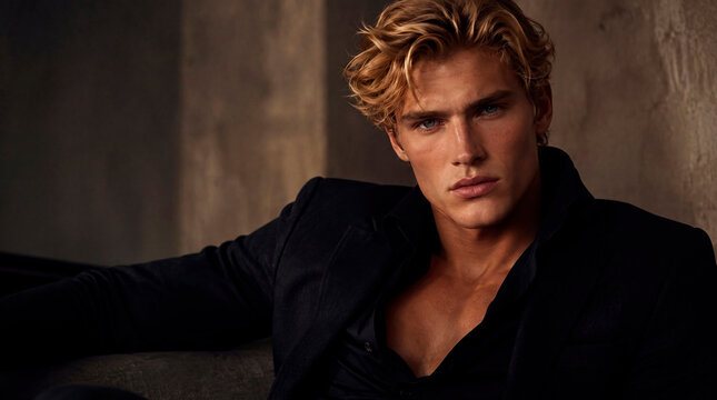 A studio portrait of a stylish, attractive young man with messy blonde hair, wearing a black blazer and an unbuttoned black shirt, posing confidently with a serious expression and intense blue eyes.