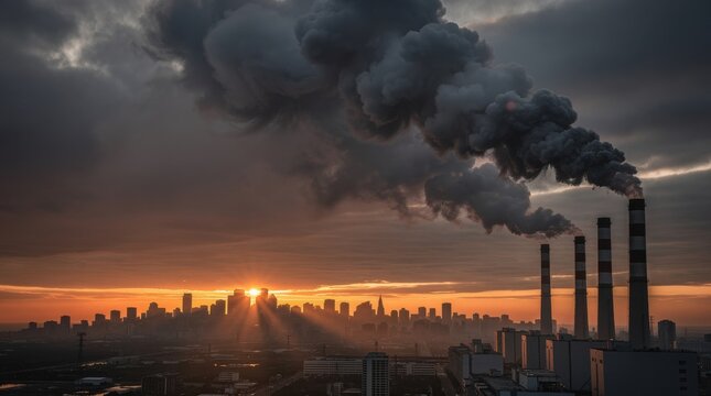 Four large smokestacks release thick black smoke over a city skyline at sunset, highlighting pollution and environmental impact.
