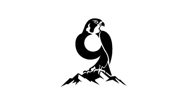 Silhouette of a majestic peregrine falcon perched on mountains.