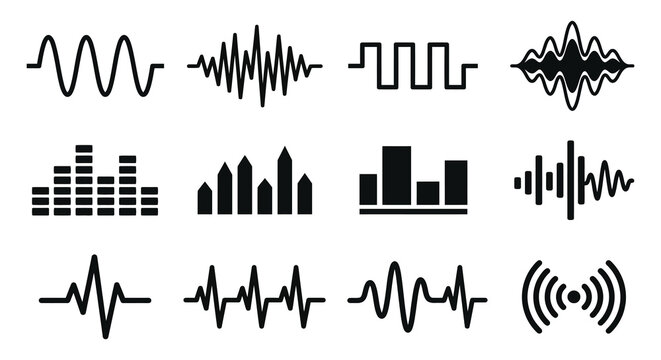 Various Waveforms And Sound Signals Black Silhouette