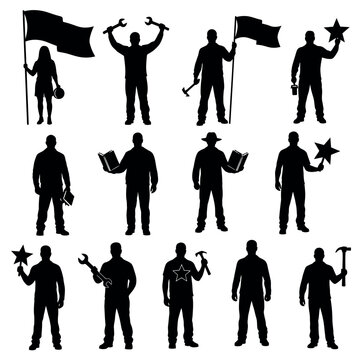 Collection of worker silhouettes holding tools, flags, and stars for labor day, strikes, and industrial themes.