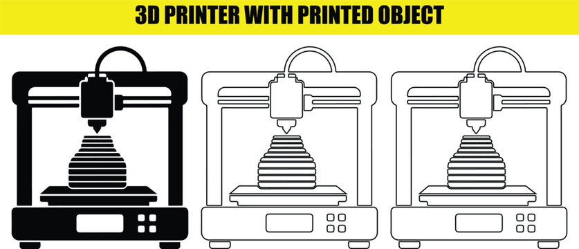 Three dimensional printer with printed object icons set showing additive manufacturing and tech tool.