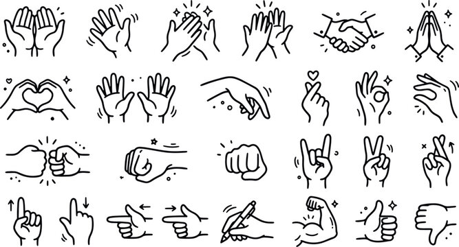 Set of various hand gestures and signs hand drawn sketch collection with body language gestures illustration communication expression collection language clapping handshake pointing