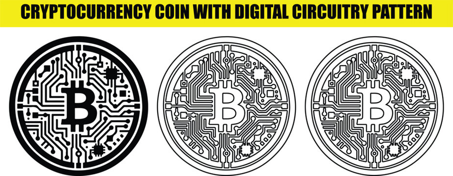 Cryptocurrency coin with digital circuitry pattern, bitcoin symbol, digital currency.