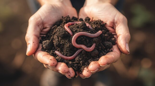 Hands gently hold rich soil with several earthworms wriggling, highlighting natural composting and soil health.