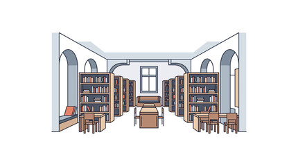 Modern library interior with bookshelves and study tables © MD
