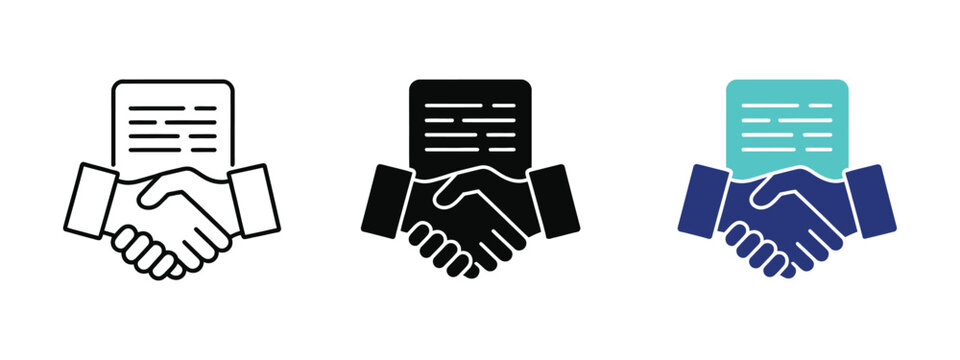 Business agreement icon with handshake and document, contract signing partnership and deal approval symbol for corporate negotiation and legal transaction vector illustration.