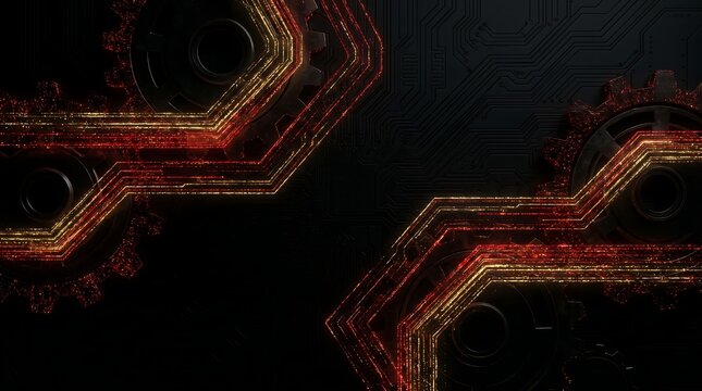 Glowing red and gold gears on circuit board background