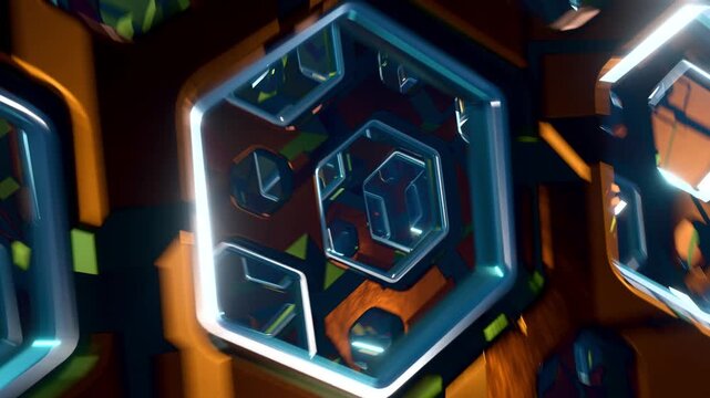 Abstract 3D animation flying through futuristic bronze walls with glowing blue hexagonal window panels. 3D rendering
