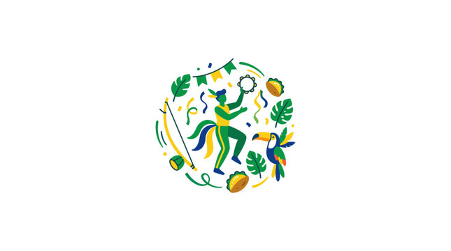 Abstract colorful circle with dancing figures and tropical leaves