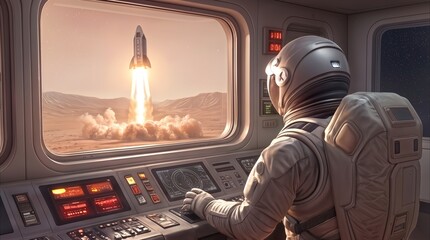 Fototapeta premium Cosmonaut watching rocket launch from control room on desert Mars-like planet. Space mission departure viewed through window of futuristic base.
