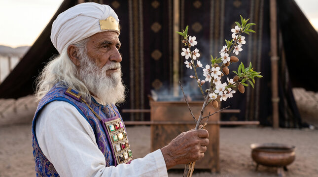 Aaron the high priest holding blossoming almond rod before the Tabernacle, serene mood