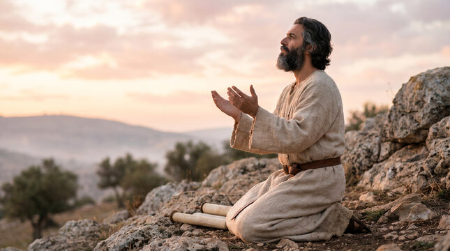Prophet Isaiah kneeling in prayer at dawn on rocky hill, seeking God's revelation