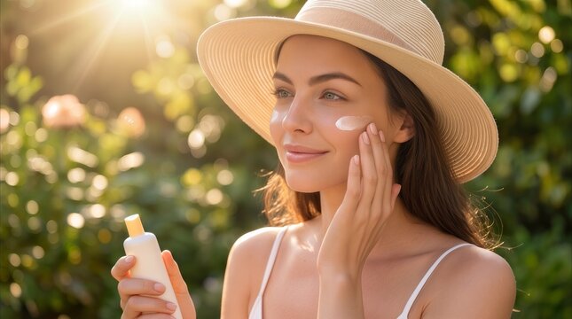 Sunscreen application by young woman wearing straw hat in sunny garden. Skincare routine for UV protection and sun safety during summer.