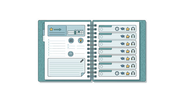 Open spiral notebook with icons and blank pages