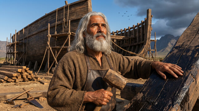 Noah building the ark with determination in a dramatic landscape