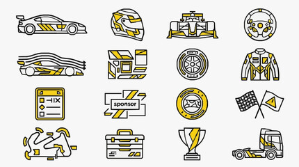 Naklejka premium Elegant Racing Icons Collection Featuring Motorsport Elements and Team Operations with high professional line art symbols for modern creative design and digital branding projects