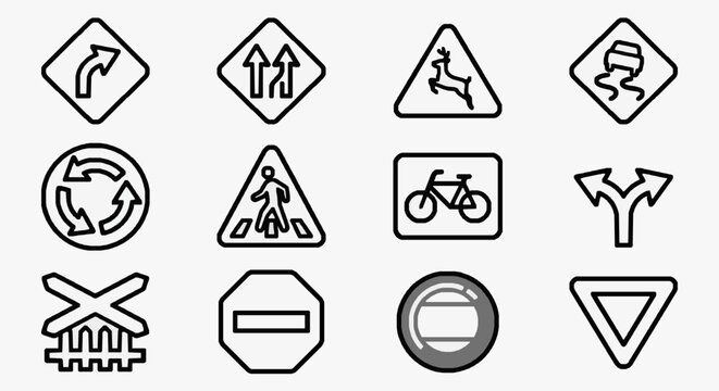 Minimalist Road and Traffic Sign Symbols Guide for Pedestrians Cyclists and Drivers with high professional line art symbols for modern creative design and digital branding projects