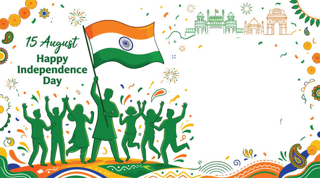 Indian independence day celebration vector illustration with flag monuments and joyful people