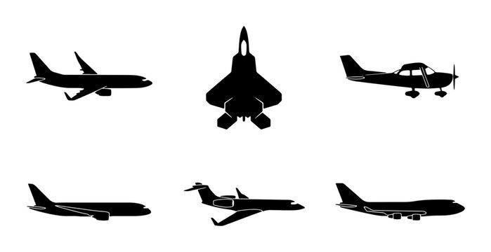 Aircraft Silhouettes Collection: Jetliner, Space Shuttle, Propeller Plane Icons